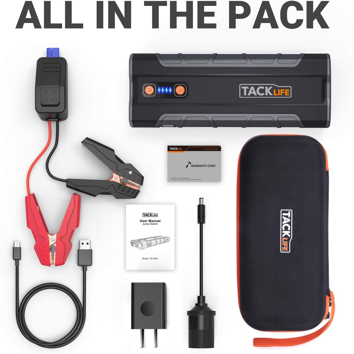 TACKLIFE T8 MAX Jump Starter - 1000A Peak 20000mAh, 12V Car Jumper (All Gas, up to 6.5L Diesel Engine), Auto Battery Booster, Portable Power Pack with Smart Jumper Cables, Storage Case (Black): Automotive