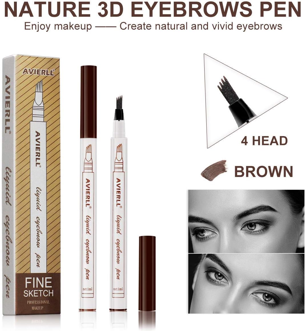 AVIERLL Liquid Eyebrows Pencil Tattoo Eyebrow Pen Long Lasting with 4 Tips Waterproof Smudge-Proof for Eyebrow Makeup Liquid Tattoo Waterproof Eyebrow Pencil