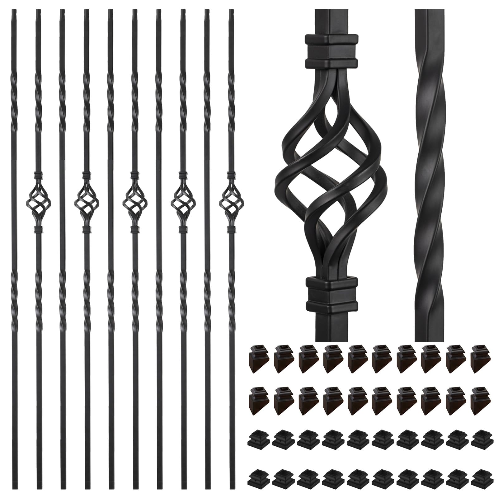 Photo 1 of 20 Pack Staircases Iron Balusters -1/2'' Square Hollow Metal Spindles with Single Basket and Double Twist Design, Includes 20 Flat Shoes & 20 Angle Shoes