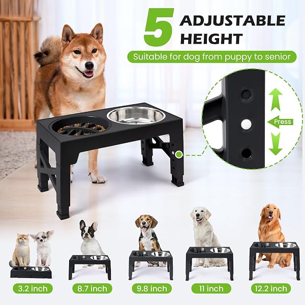 ELEVATED DOG BOWLS 5 ADJUSTABLE HEIGHT, 2 STAINLESS STEEL BOWLS, 1 SLOW FEEDER