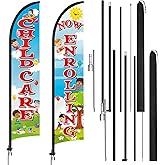 HunnmingRe 2 Pack Now Enrolling Childcare Feather Flag Set Childcare Swooper Flag Weatherproof Advertising Banner Enrolling Sign 15ft x 2.5ft with Flagpoles Ground Stakes Set for Business Advertising