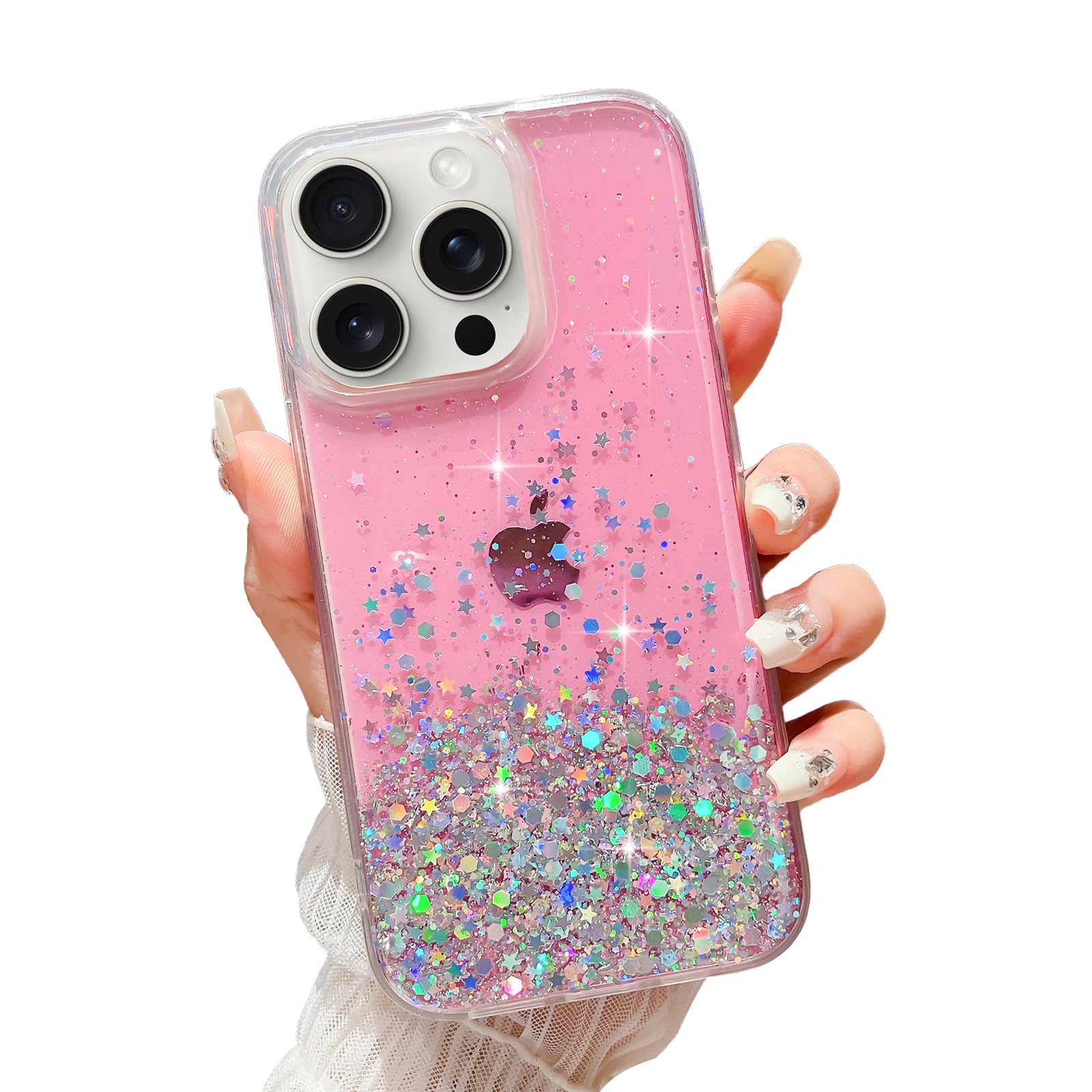 LCHULLE for iPhone 15 Pro Case Girls Women Glitter Bling Clear Cover Cute Crystal Slim Fit Bumper Silicone Phone Case for iPhone 15 Pro 6.1inch 2023,Pink — image 1