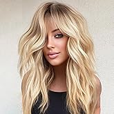 KOME Ombre Blonde Wig with Bangs,Blonde Highlight Wavy Wigs for Women,Shoulder Length Curly Synthetic Hair Wig for Party Daily Use 18IN…