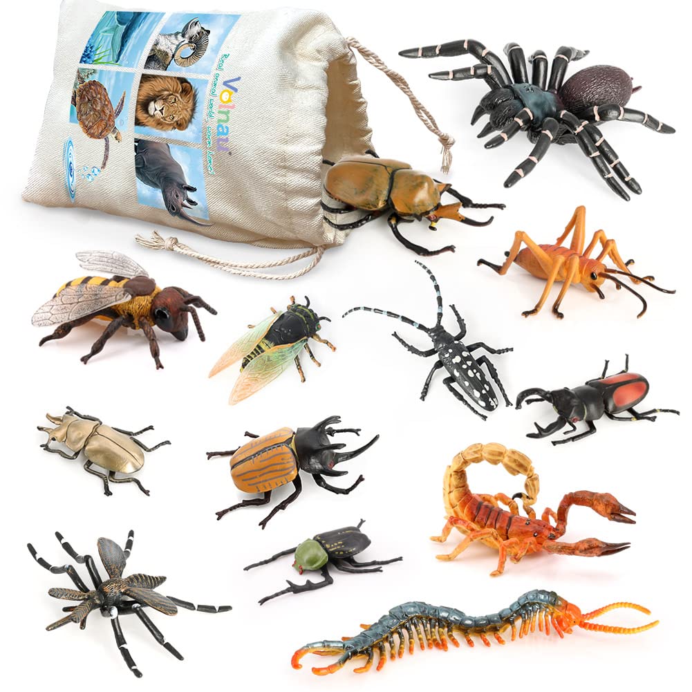 Volnau Insect Toys Figurines 13PCS Bug Animal Figures Pack for Kids Toddlers Christmas Decoration Gift Educational Cicada toy Bee Beetle Spider Plastic Model