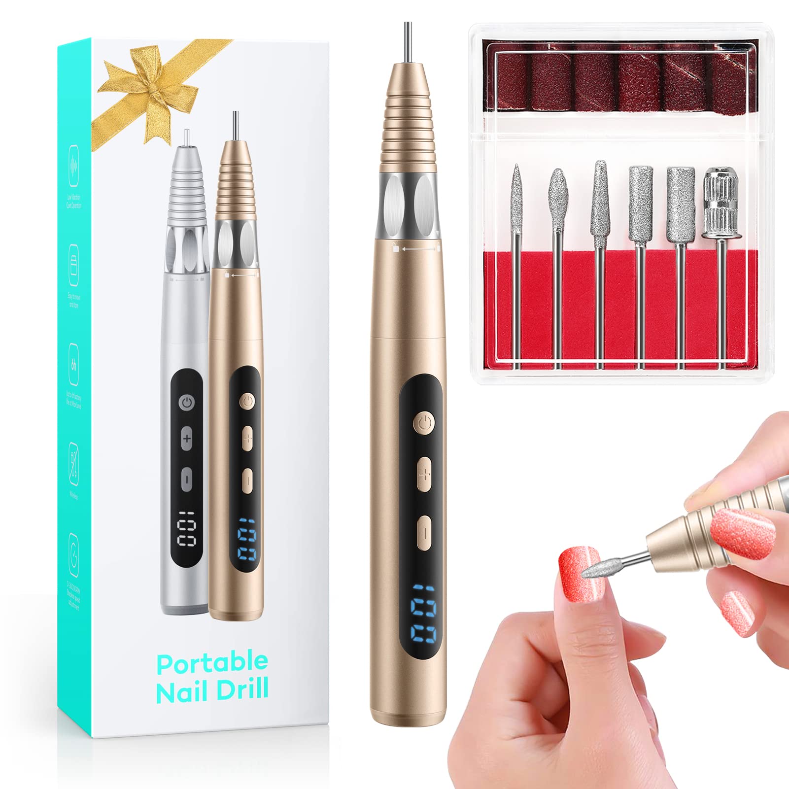 Yumzeco Nail Drill Machine Cordless ,6 in 1 Electric Nail Files Professional 30000RMP, Rechargeable Electric Portable Nail Drill for Acrylic Nails Kit, Manicure Pedicure Drill