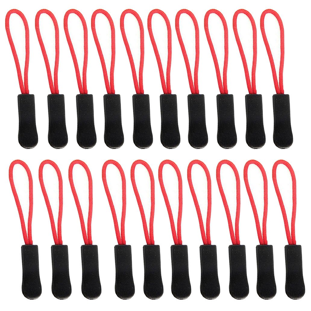 Zipper Pulls - Zipper Fixer- Strong Nylon Cord with Ergonomically Designed Rubber No Slip Textured Gripper Pull to Fit Any Zipper Materials [20] Guang-T (Black and red)