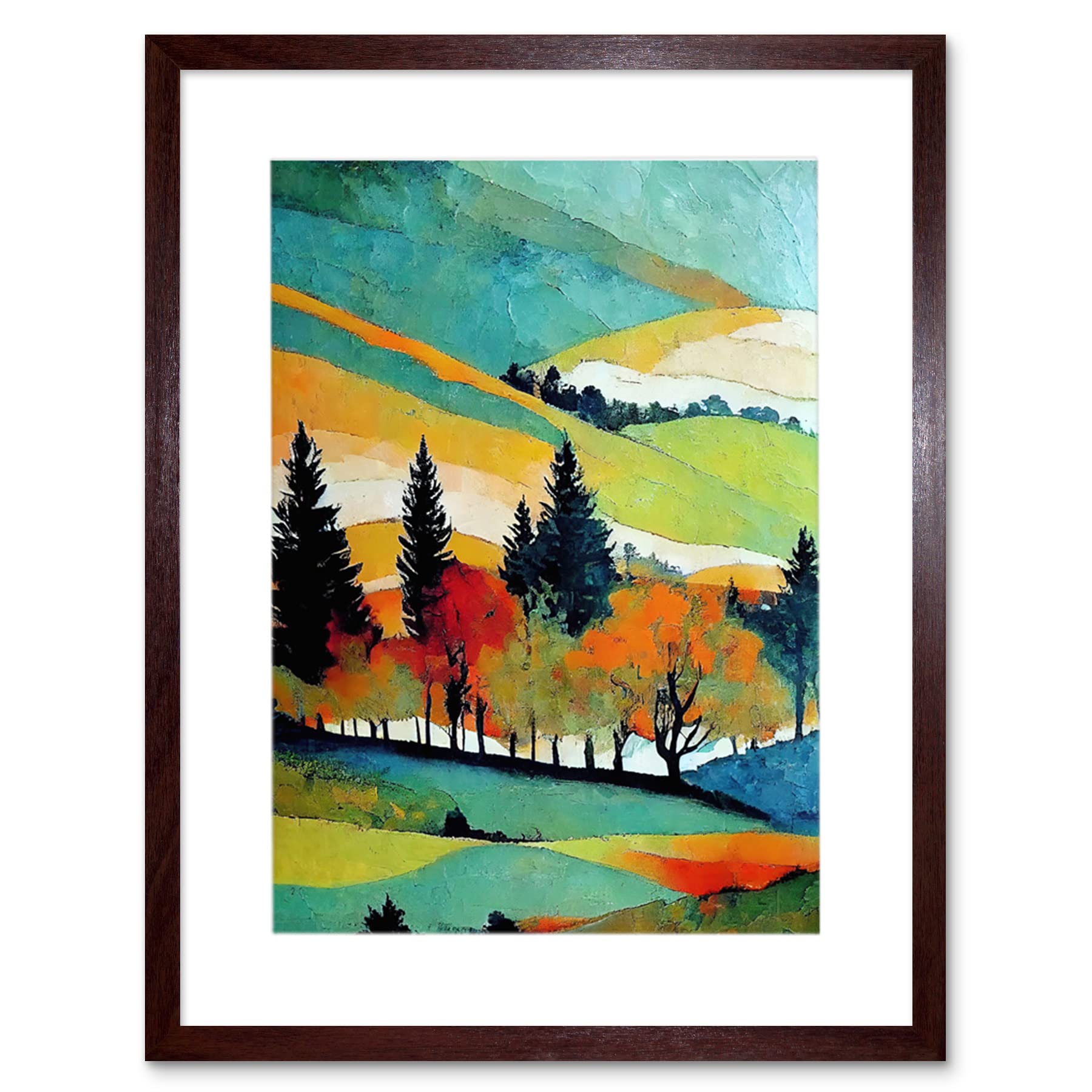 Wee Blue Coo Colourful Autumn Landscape Scotland Hillside Forest Oil Painting Artwork Framed Wall Art Print 12X16 Inch