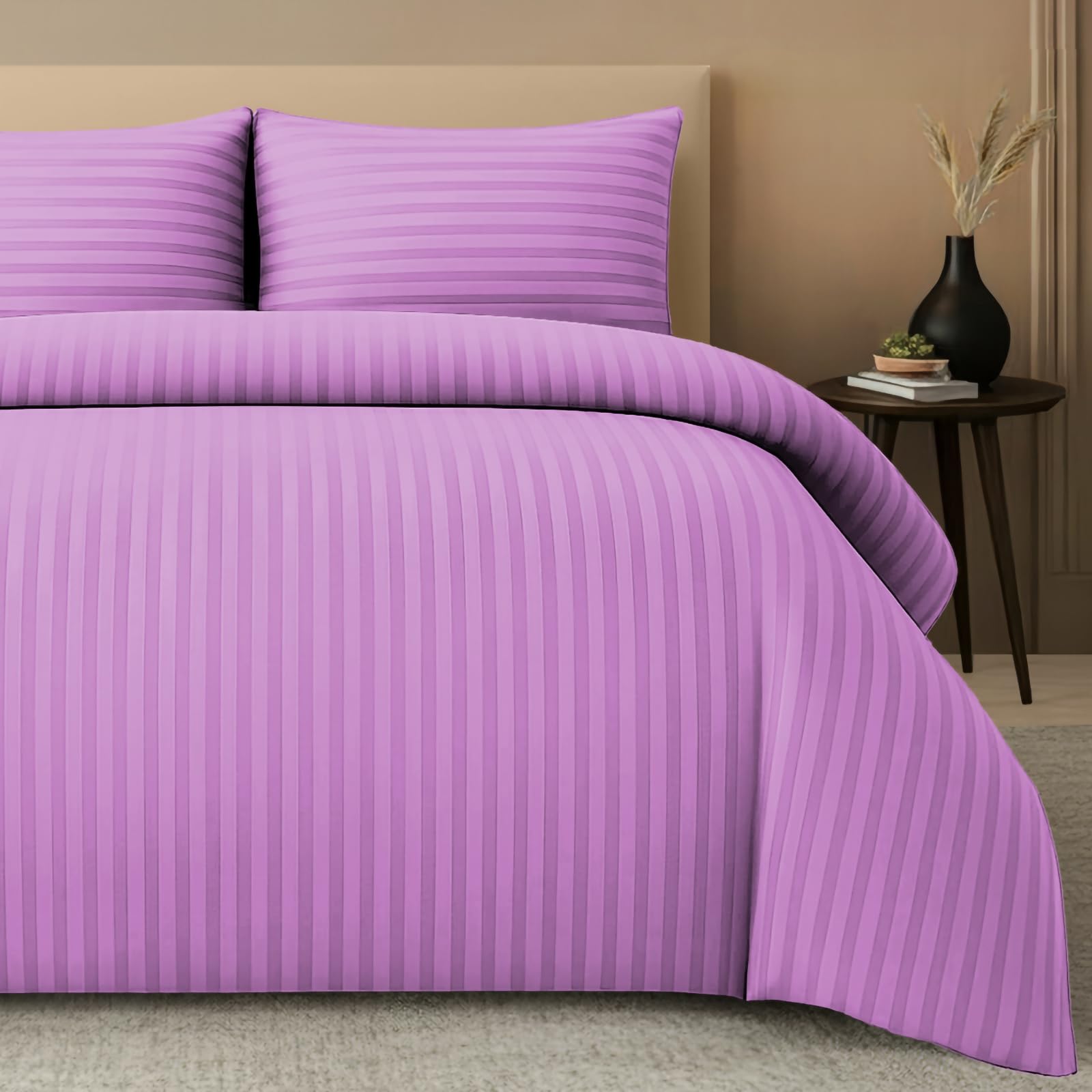 Pamposh Satin Stripe Double Duvet Set - Premium Hotel Quality Quilt Cover Bedding Sets - Hypoallergenic Ultra Soft Microfiber Bed Linen