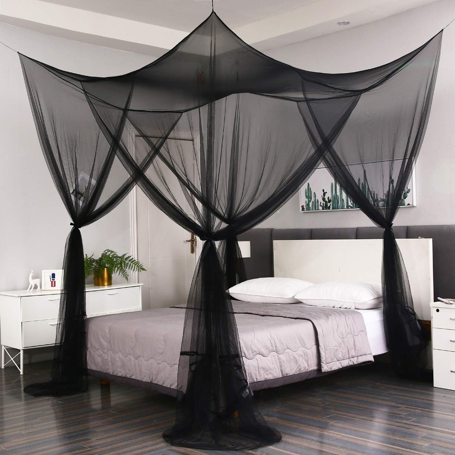Mengersi 4 Corner Post Elegant Mosquito Net Curtain Bed Canopy for Full Queen King Bed,Suitable for Indoor Outdoor Net(Black, L87xW79xH98 inch): Home & Kitchen