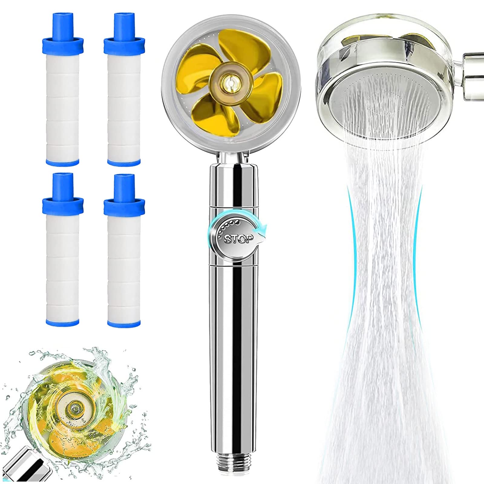 High Pressure Water Saving Shower, Propeller Shower Head with 4pcs New Upgrades Filter, 360 Degrees Rotating Propeller Driven Handheld Shower Head, Turbo Fan Drive Jet Spa Shower Head (Glod)