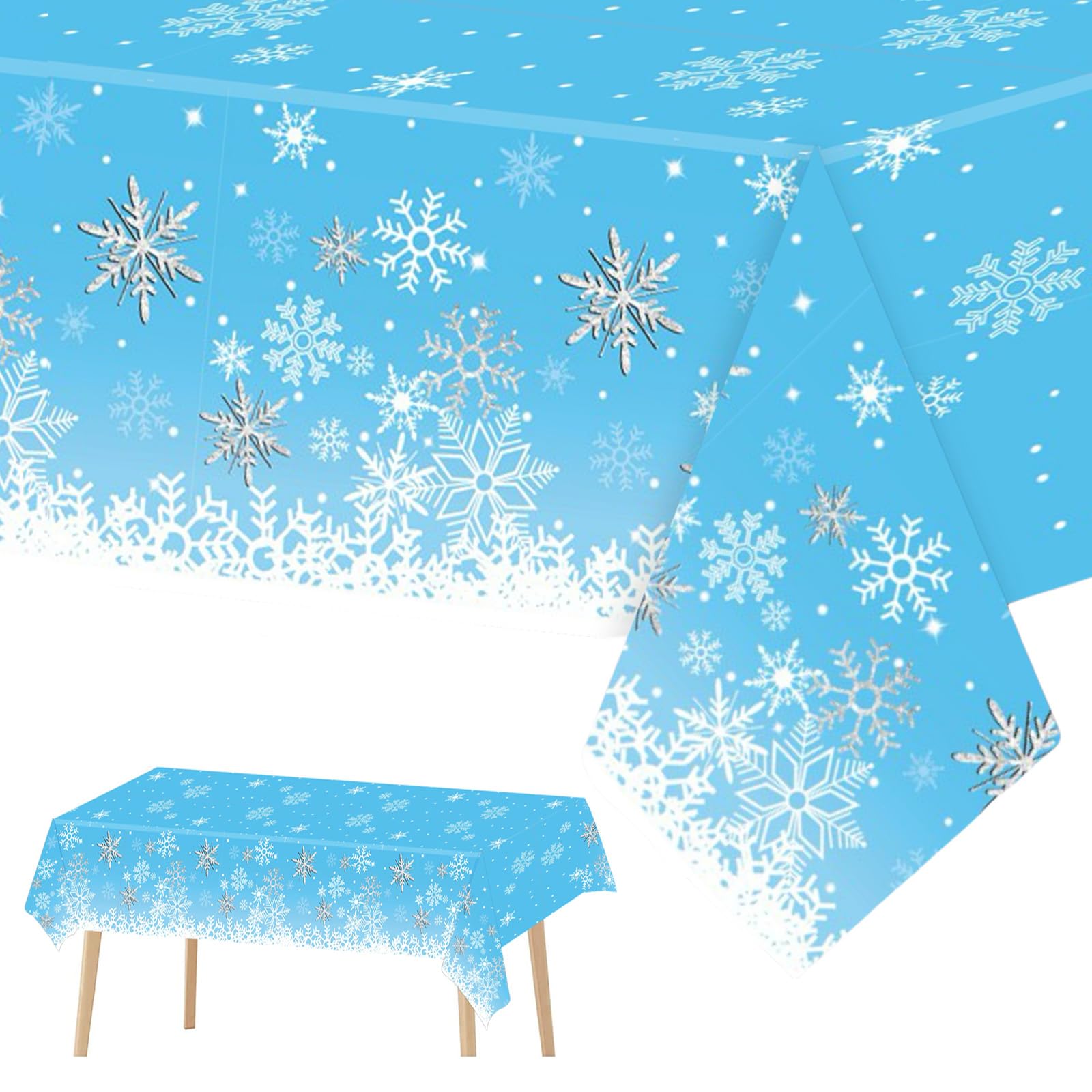 2PCS Christmas Tablecloth - 130*220cm Blue Snowflake Rectangle Table Cover - Disposable Plastic for Xmas Party, Winter Holiday Frozen Decoration — image 1
