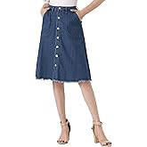 Allegra K Women's Denim Skirts Raw Hem Button Down Midi Jeans Skirt