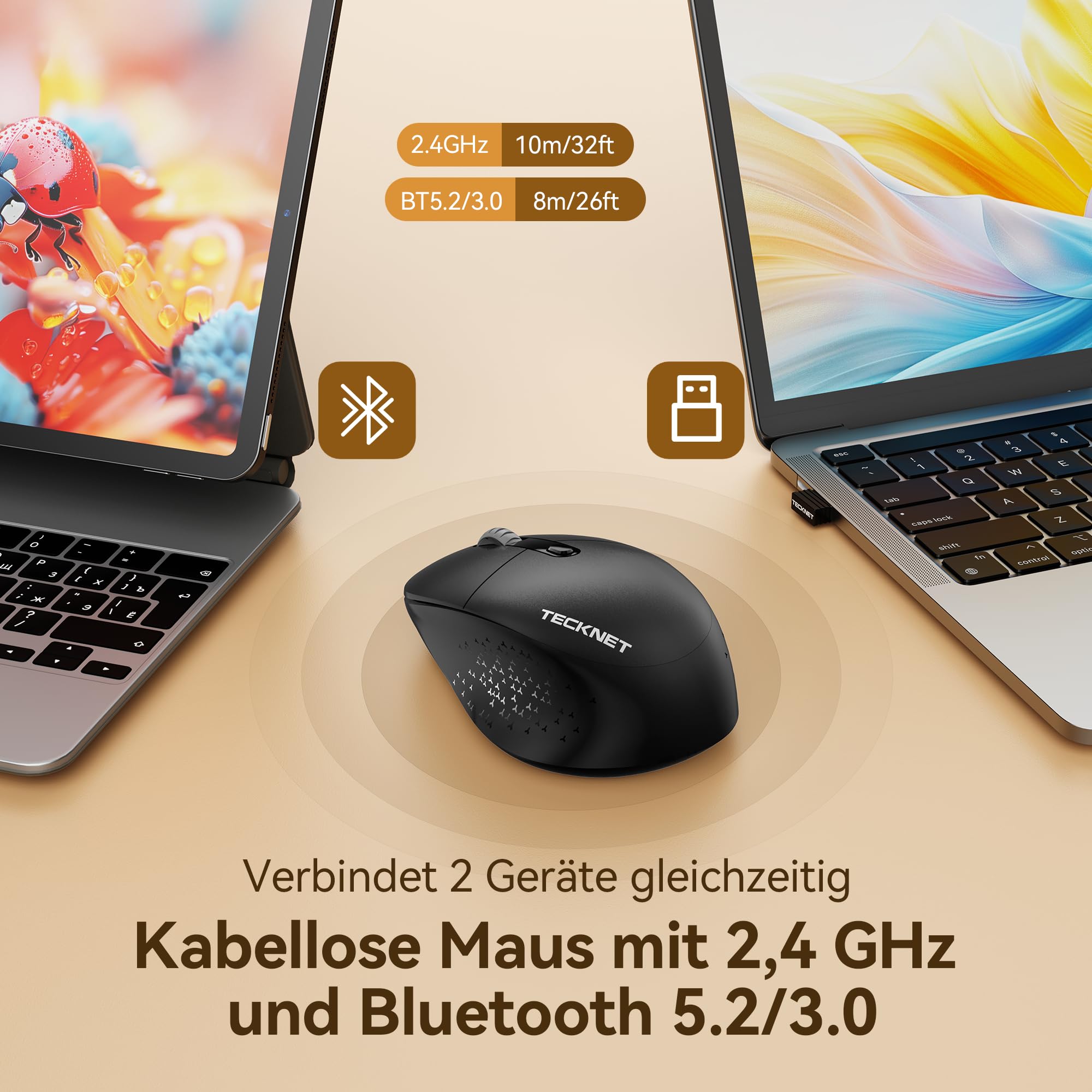TECKNET Bluetooth Kabellose Maus Silent Tri-Mode 2.4G Wiederaufladbar 2