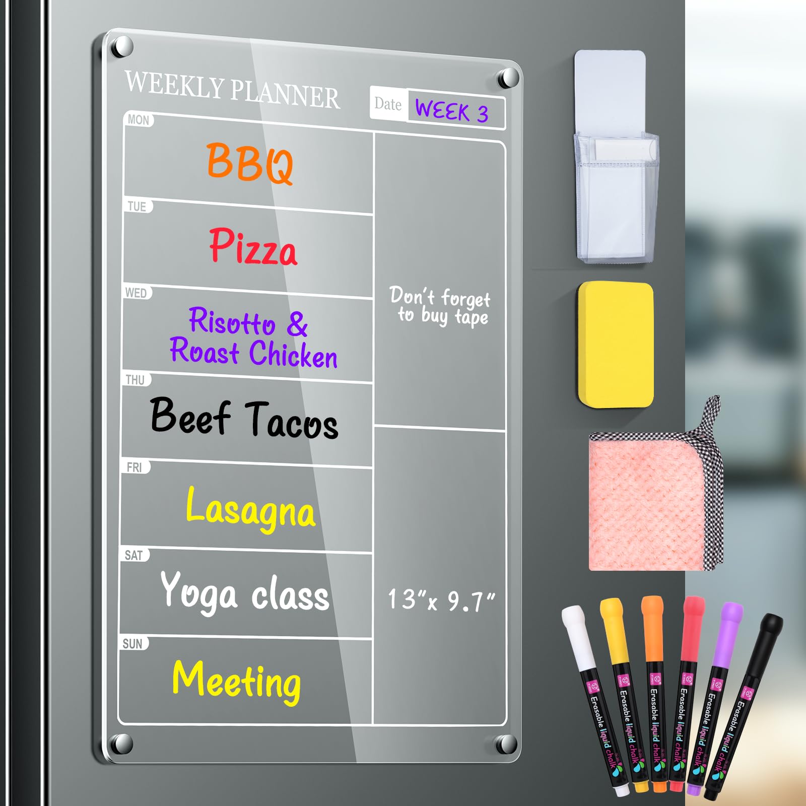 Magnetic Fridge Planner, 13''x9.7'' Weekly Planner for Fridge Clear Acrylic Calendar Board with Dry Eraser, 6 Markers, Pen Holder & Cloth for Menu, Meal, Memo (Single Pack)