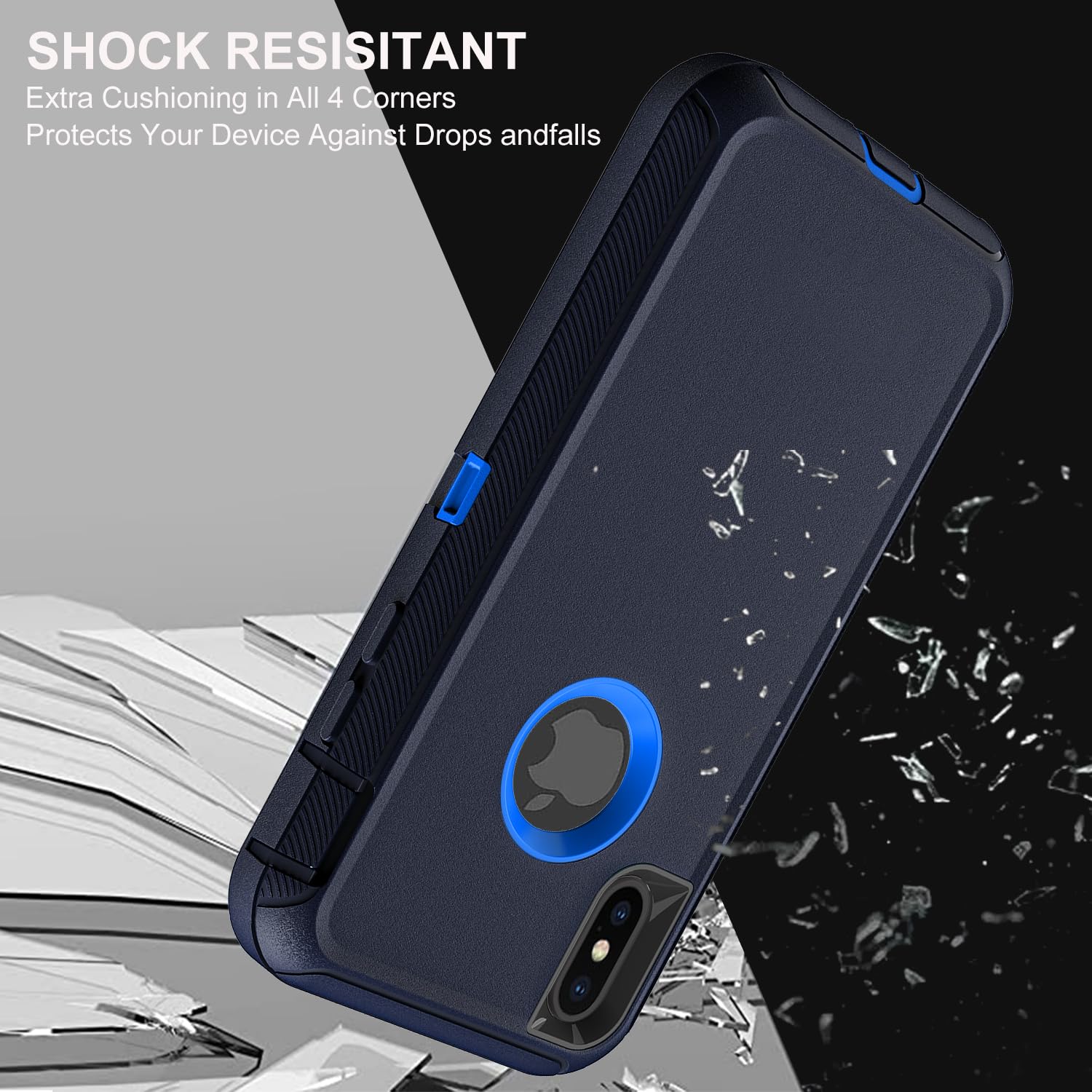 for iPhone X/iPhone Xs Case, Military Grade 3 in 1 Heavy Duty Shockproof/Drop Proof/Dust Proof Case with 2Pcs Tempered Glass Screen Protector (Navy Blue)