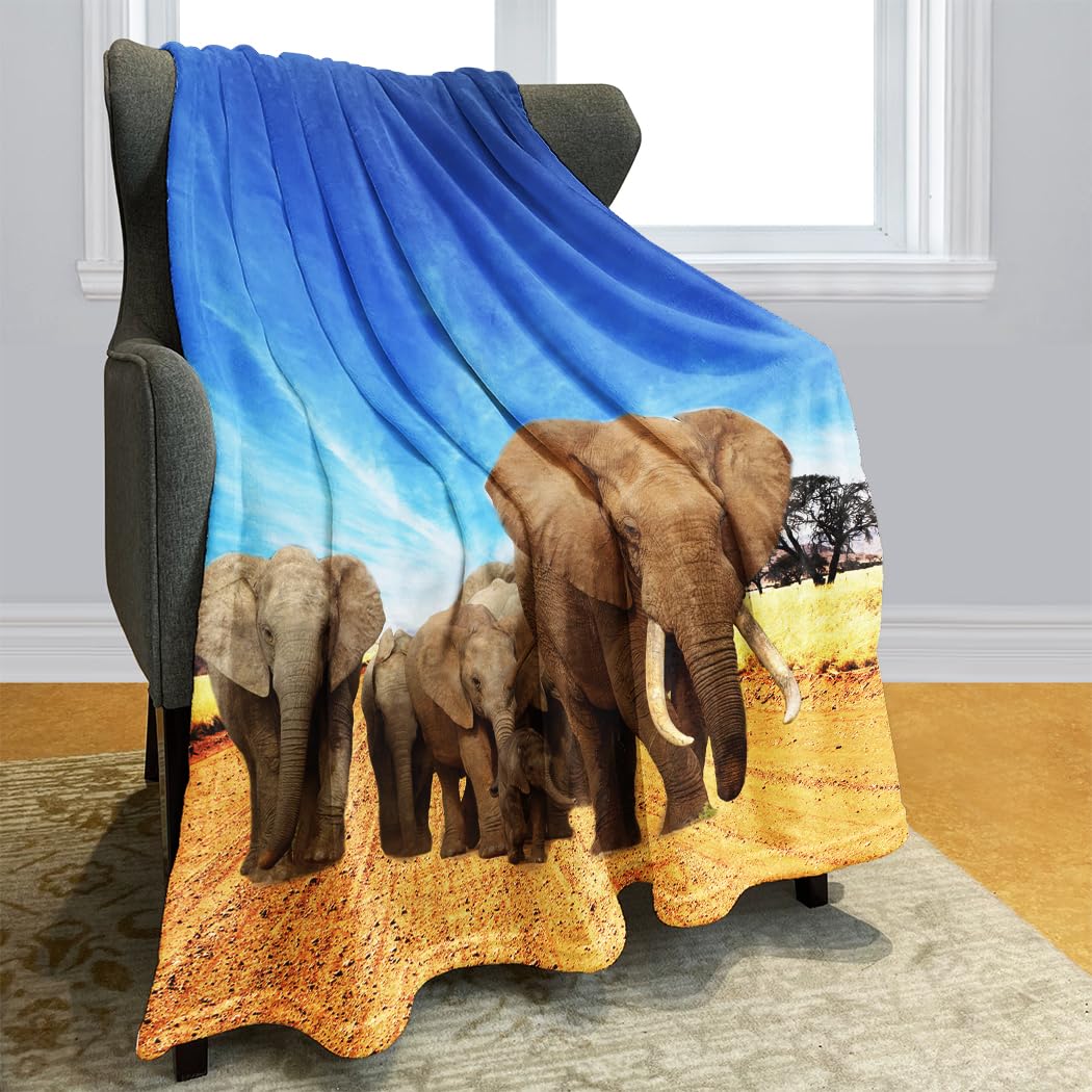 Violetpos Thick Blanket Soft Warmth Cosy Flannel Fleece Sofa Blanket Lid Blanket Elephant Walk Family Baby, flannelette, blue, 150 x 200cm