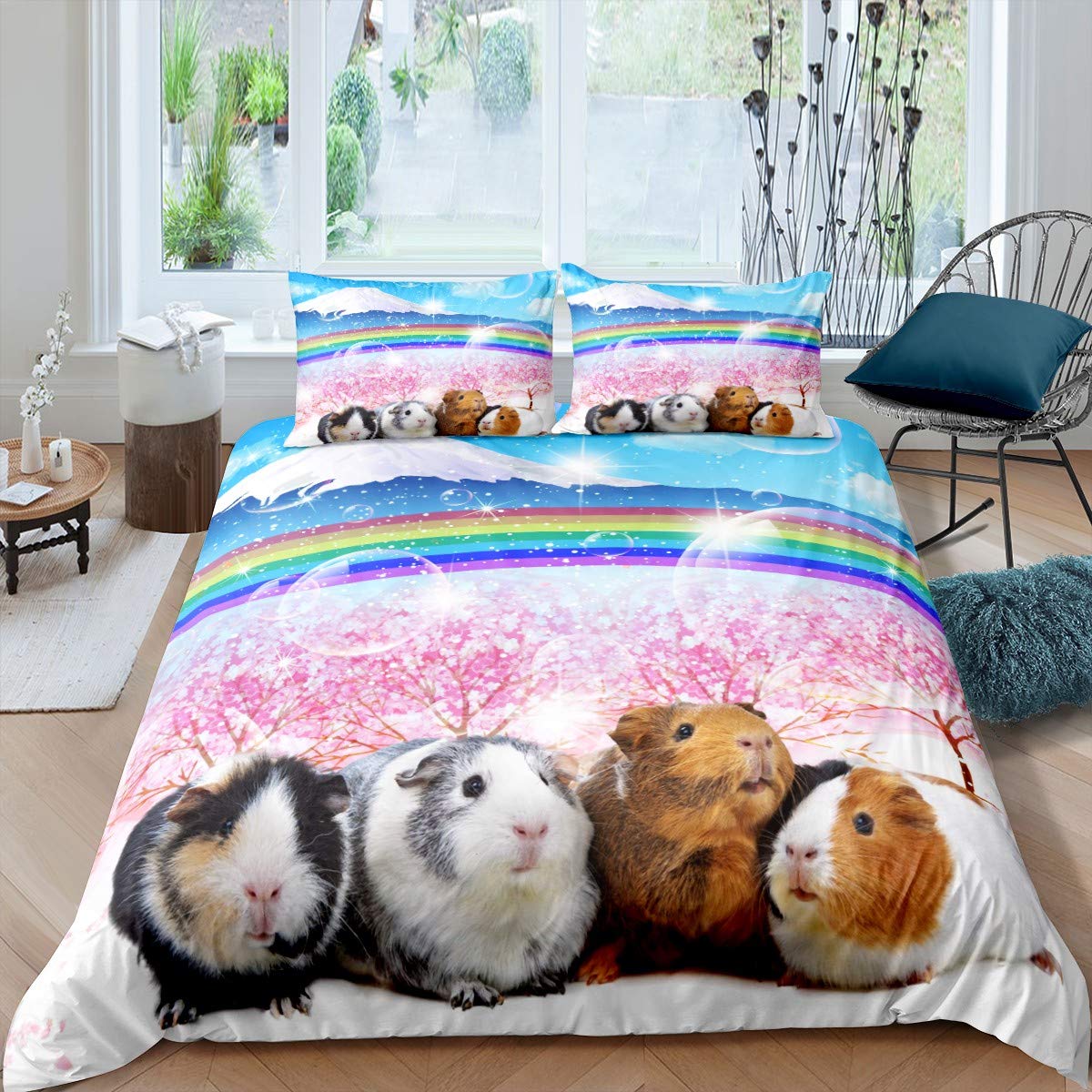 Guinea Pig Bedding Set for Girls Boys Children Cute Cavy Lovely Pet Comforter Cover Rainbow Mountain Landscape Duvet Cover Room Decor Cherry Tree Bedspread Cover King Size Bedding Collection 3Pcs — image 1