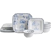222 Fifth 12-Piece Porcelain Dinnerware Set for 4, Glossy White Plates and Bowls Set with Blue Decal, Elegant Square Ceramic Dish Set, Kitchen Tableware, Microwave & Dishwasher Safe, Scenic Toile