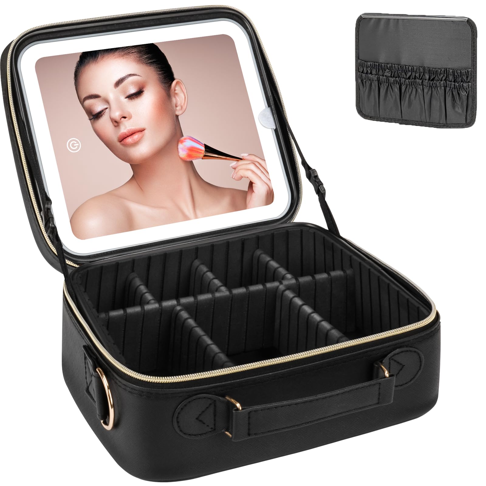 Photo 1 of iFalarila Makeup Bag with LED Mirror, [3 Color and Stepless Dimmable] Rechargeable LED Light for Makeup Bag Train Case with Brushes Storage Organizer, Travel Box Cosmetic Bag for Women - Black