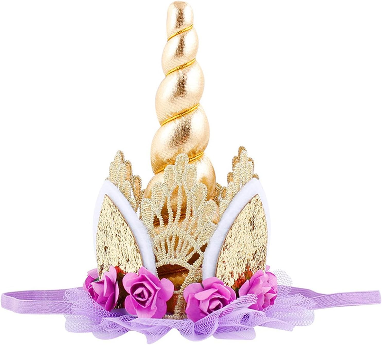 Celebris Unicorn Birthday Flower Lace Crown Headband with Gold Horn for Photography Prop (Gold & Purple)