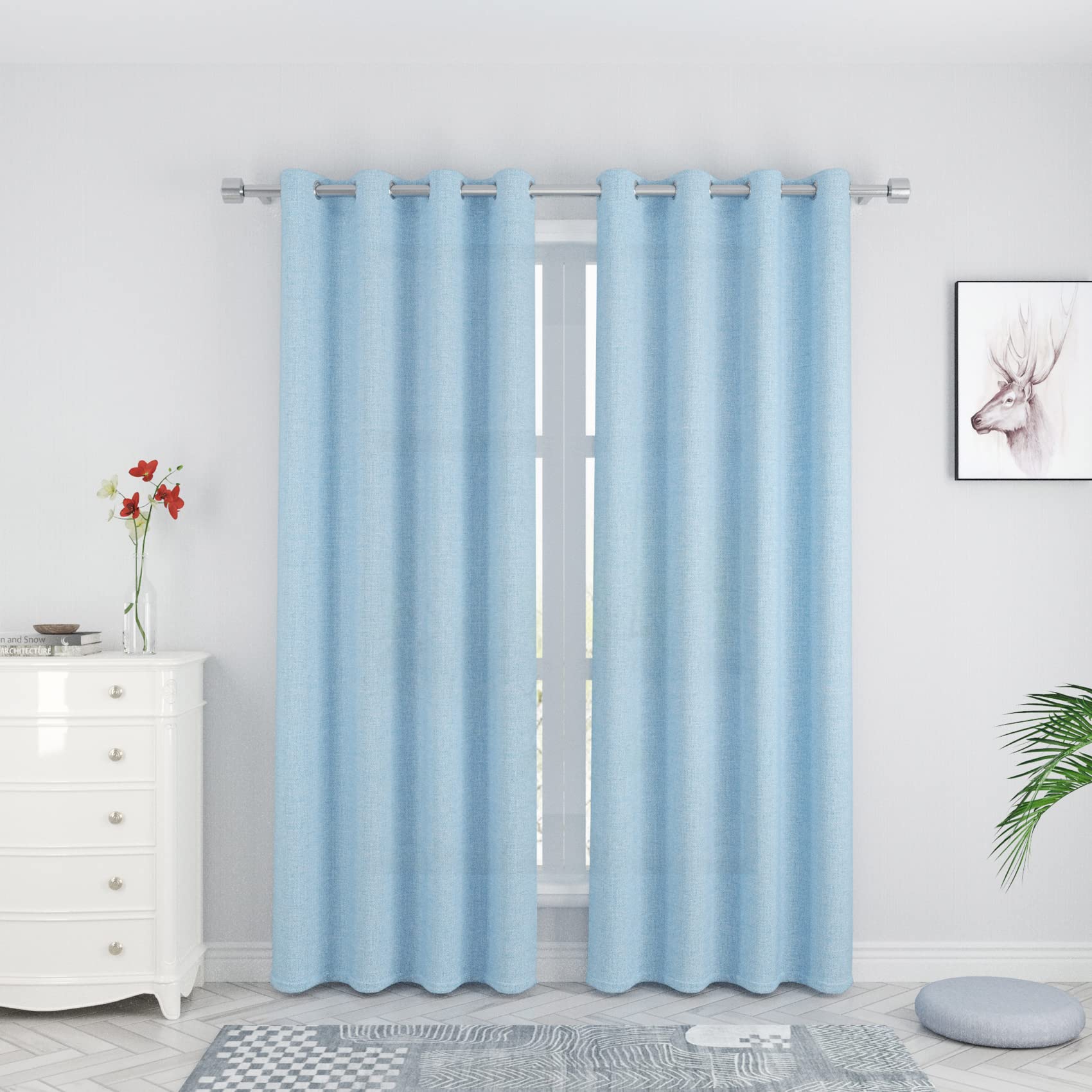 Photo 1 of UPOPO Sky Blue Curtains Kitchen 80 inches Long Linen Textured Privacy Living Room Divider Bedroom Drapes Patio Curtain Semi Sheer Basement Nursery Kids Room Boys Window Curtain 2 Panels Grommet Top