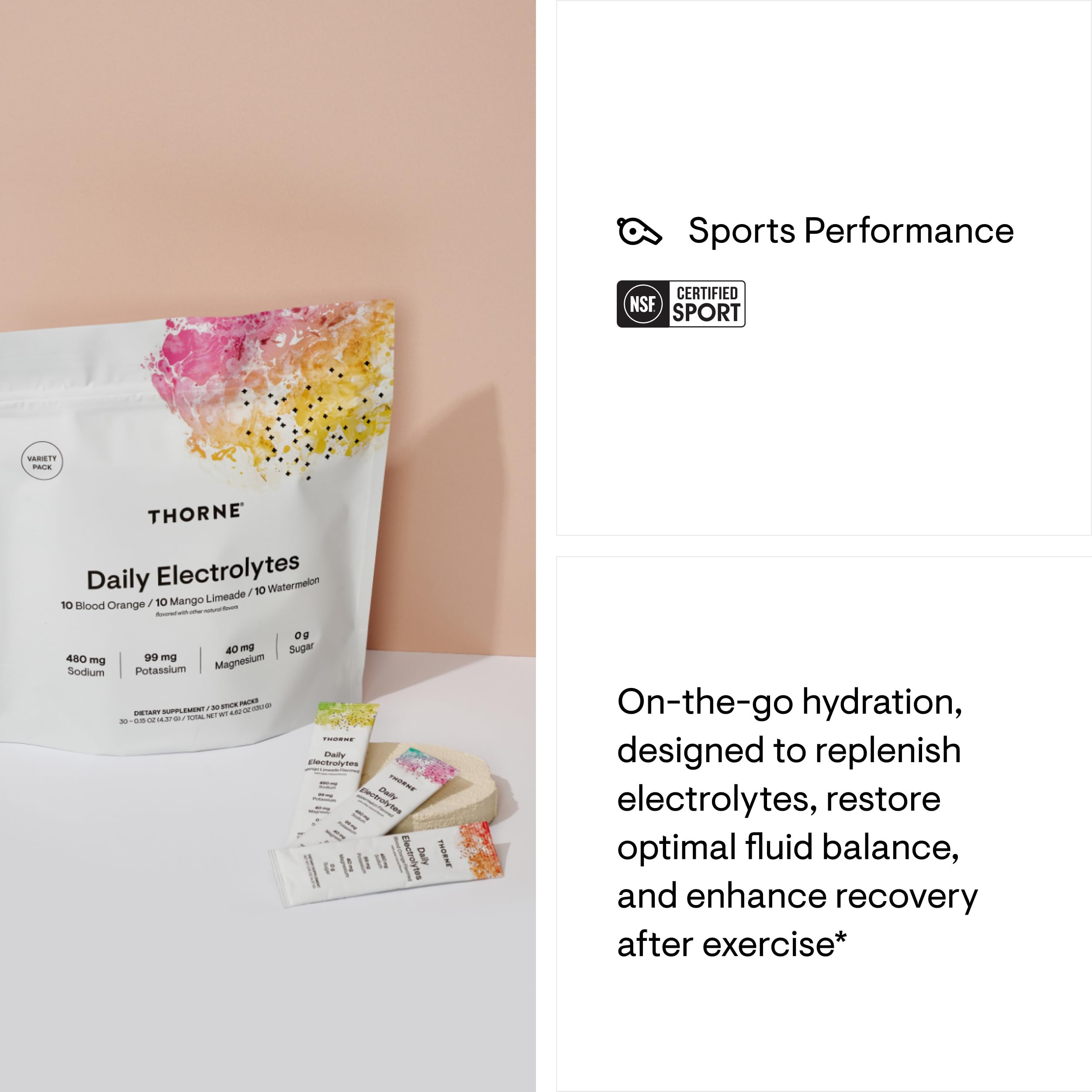 THORNE Daily Electrolytes - Zero Sugar & Low-Calorie Electrolyte Powder Drink Mix - Flavors Derived from Natural Sources - NSF Certified for Sport - Variety - 30 Stick Packs