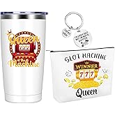 3Pcs Queen Of The Machine Mug Cup Keychain Makeup Bag 20 Oz Stainless Steel Tumbler Travel Mug Slot Machine Gambling Gifts for Casino Lovers Women Birthday Christmas Casino Theme Party