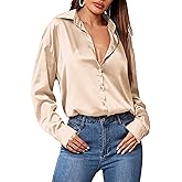 Zeagoo Women Satin Button Down Shirt Long Sleeve Tops Silk Blouse V Neck Dressy Casual Loose Work Office Blouse Tunic Fall
