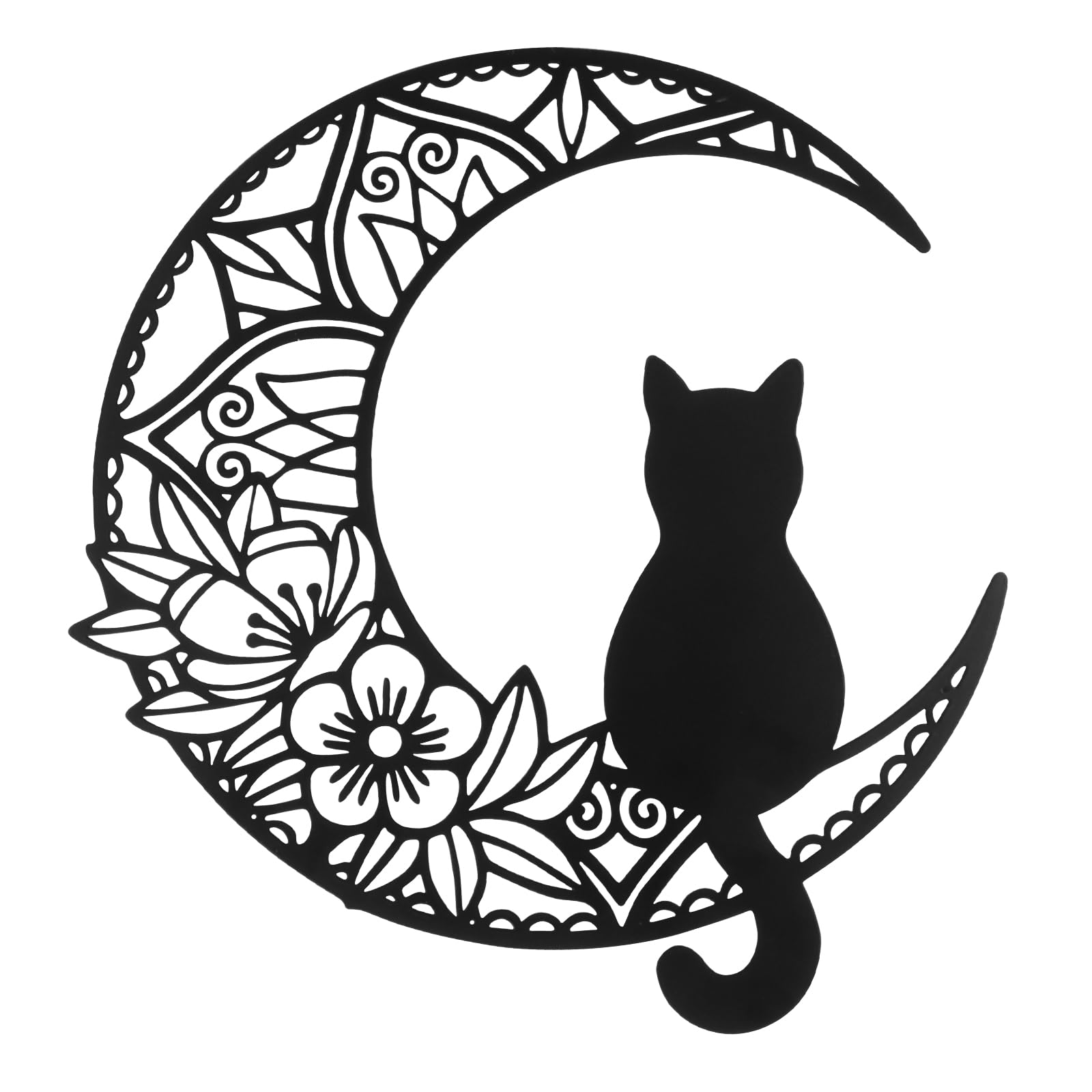 BGJJGT Metal Black Cat and Moon Wall Art, 13 Inch Floral Silhouette Wire Wall Decor, Black Iron Sculpture Aesthetic Hanging Ornament for Living Room Garden Hallway and Stairs