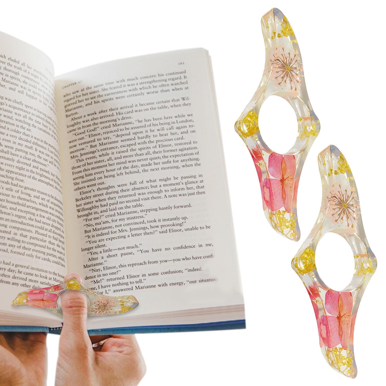2Pcs Resin Dried Flower Book Page Holder, Dried Flower Book Holder,Transparent Thumb Ring Page Holder Handmade Flower Resin Reading Bookmark Accessories for Teacher Bookworm Book Lover Gifts(Red)