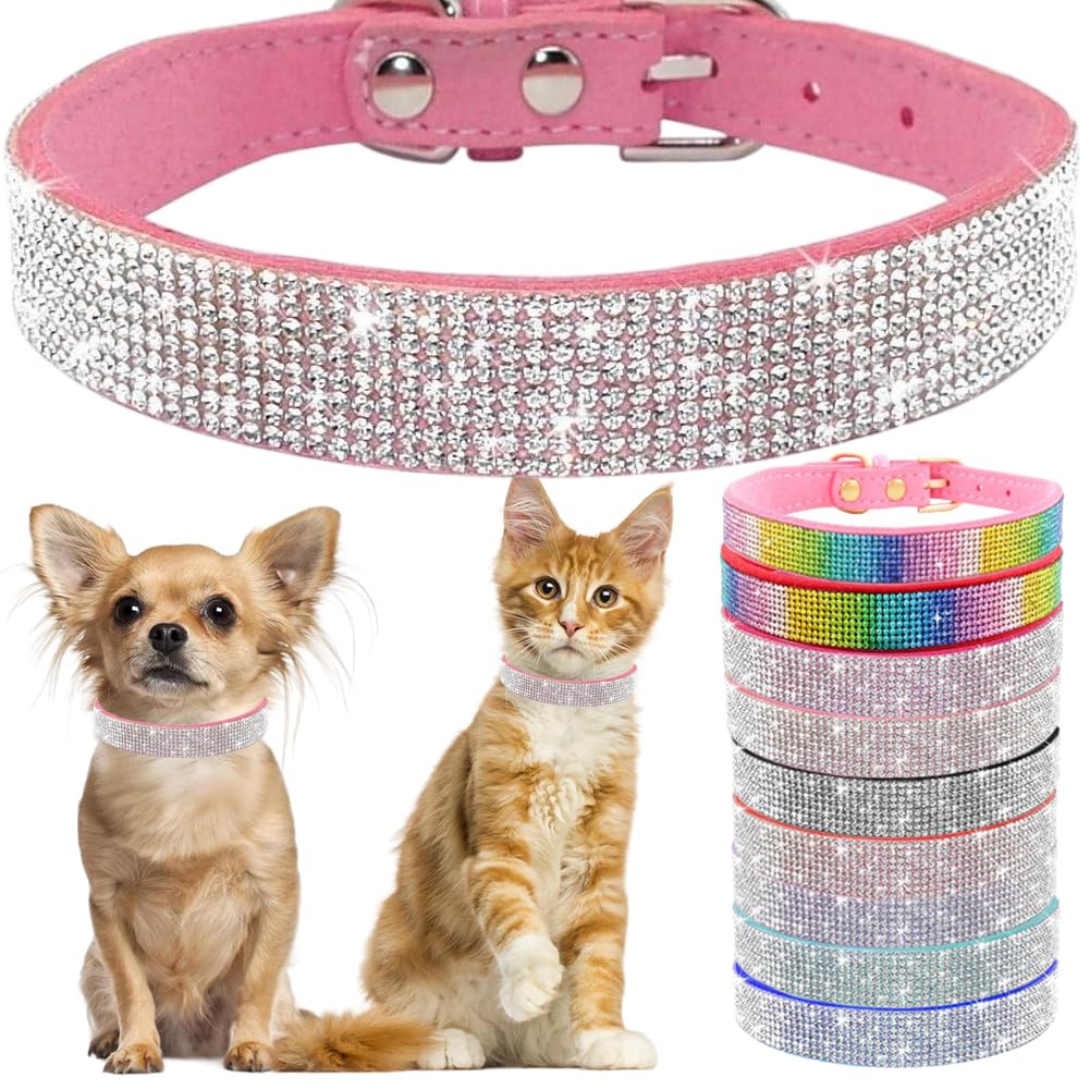 Bling Diamante Dog Collar, Rhinestone Puppy Collars sparkly Glitter Diamond Crystal Small Dog Collar Adjustable for Girls Female XXSmall Small Medium Large Dogs (Size XS,Pink)