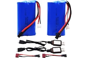 Blomiky 2 Pack 7.4V 1500mAh Li-ion Rechargeable Battery SM-2P Plug with T Adapter and Charger Cable Suitable for H101 H103 H105 RC Boat RC Trucks H101 Battery & T 2