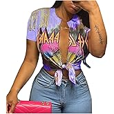 Bornpom Women Sexy Graphic Tees Low Cut V Neck Tops Fringe Short Sleeve Shirts Knot Front Tops