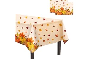 CAKKA Thanksgiving Tablecloth Plastic 54x108 Inch, 2 Pack Disposable Fall Pumpkin Table Cover, Orange Maple Leaf Rectangle Autumn Table Cloth for Fall Thanksgiving Day Table Decor Decoration
