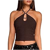 Floerns Women's Y2k Ribbed Halter Tops Sleeveless Beaded Open Back Night Out Camisole