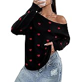 MNLYBABY Off The Shoulder Knitted Graphic Sweater Drop Shoulder Sweatshirt Loose Pullover Casual Long Sleeve Tops