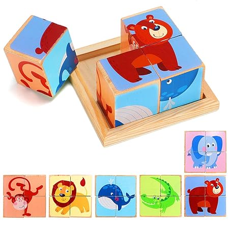 Lewo 6 in 1 Hölzerner Tierblock Puzzle Groß Würfel Elefant AFFE Fisch Bär Löwe Krokodil Musterblöcke mit Holzablage für Klein
