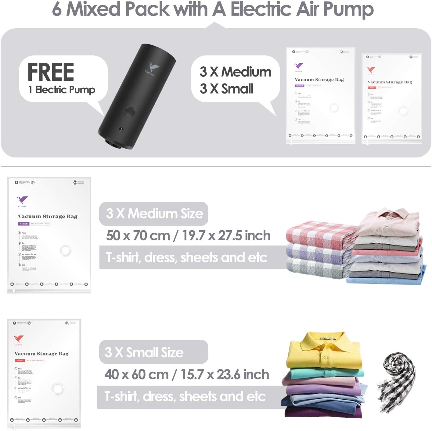 Vacbird Vacuum Storage Bags with Electric Pump, 6 Pack (3 x Small, 3 x Medium) for Comforters Blankets Clothes Pillows Travel Space Saver Seal Bag: Home & Kitchen