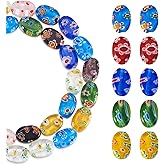 Craftdady 33pcs Handmade Lampwork Glass Beads 8x12mm Flat Oval Millefiori Loose Beads with 1mm Hole for Jewelry Making