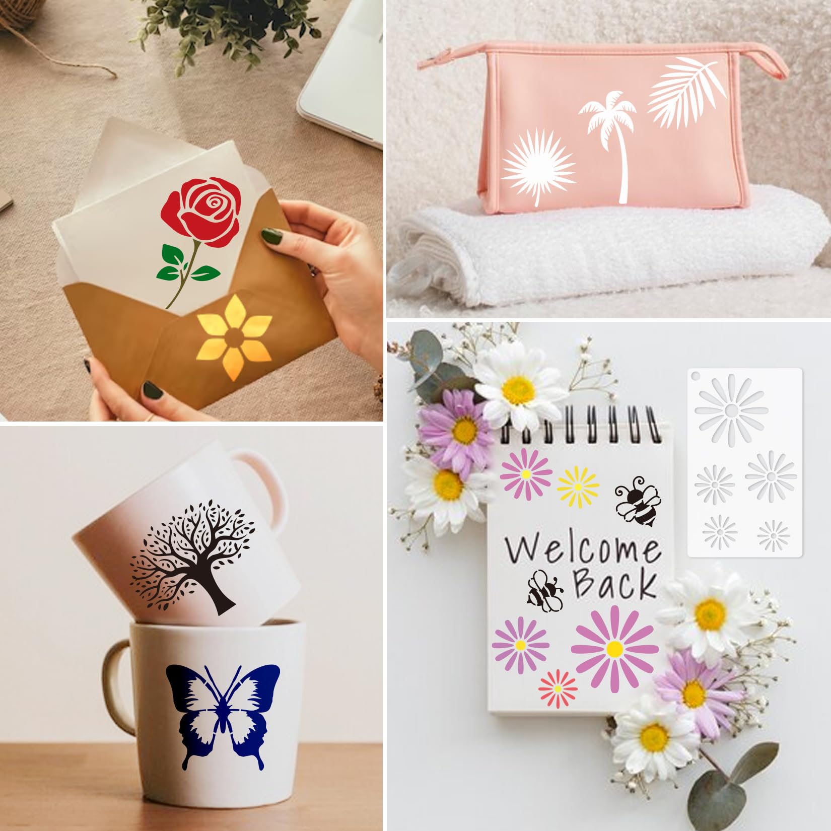 Nature Flower Stencils for Painting on Wood Crafts Reusable Plant Sunflower Leaf Butterfly Stencil Art Paint on Wall Canvas Pattern Paint Stencils for Card Making Fabric Shirt (15 Sping)