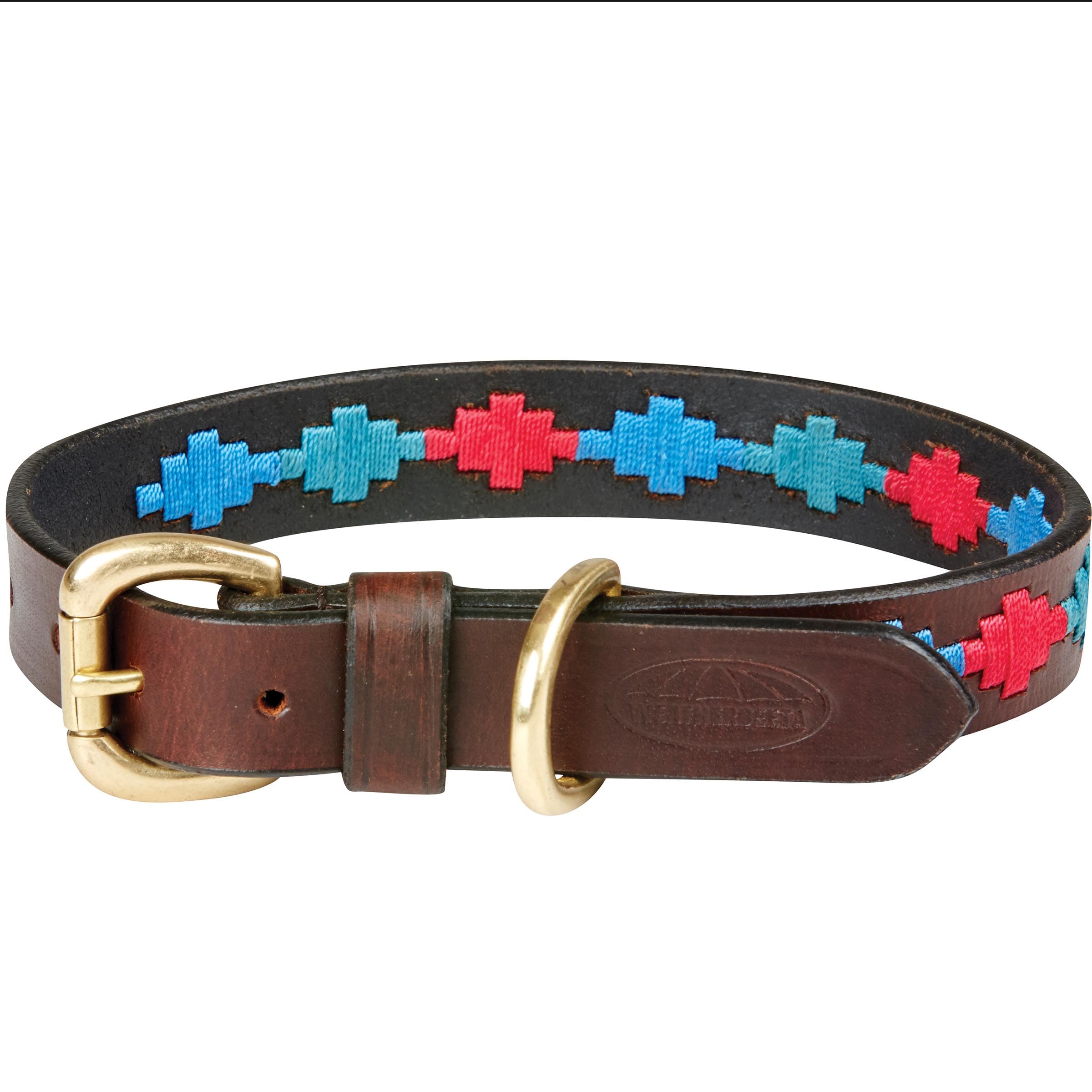 WeatherBeeta Polo Leather Dog Collar, Beaufort Brown/Emerald/Pink/Bl, Xxlarge