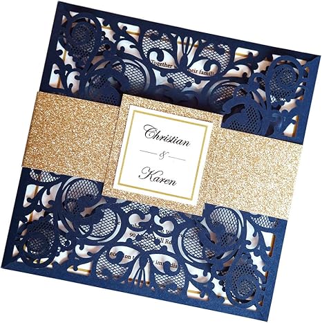 Amazon Com Dreambuilt 6 3 X 6 3 Inch 1pc Blank Navy Blue Laser Cut Wedding Invitations With Envelopes Kit And Gold Glitter Belly Band Wedding Invitation Cards For Wedding Invite Kitchen Dining