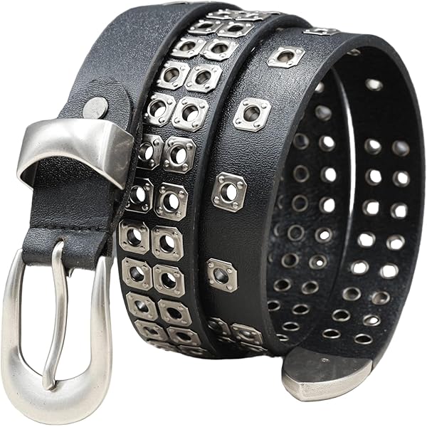 LumiSyne Studded Belt Women Men Black Leather Belt With Silver