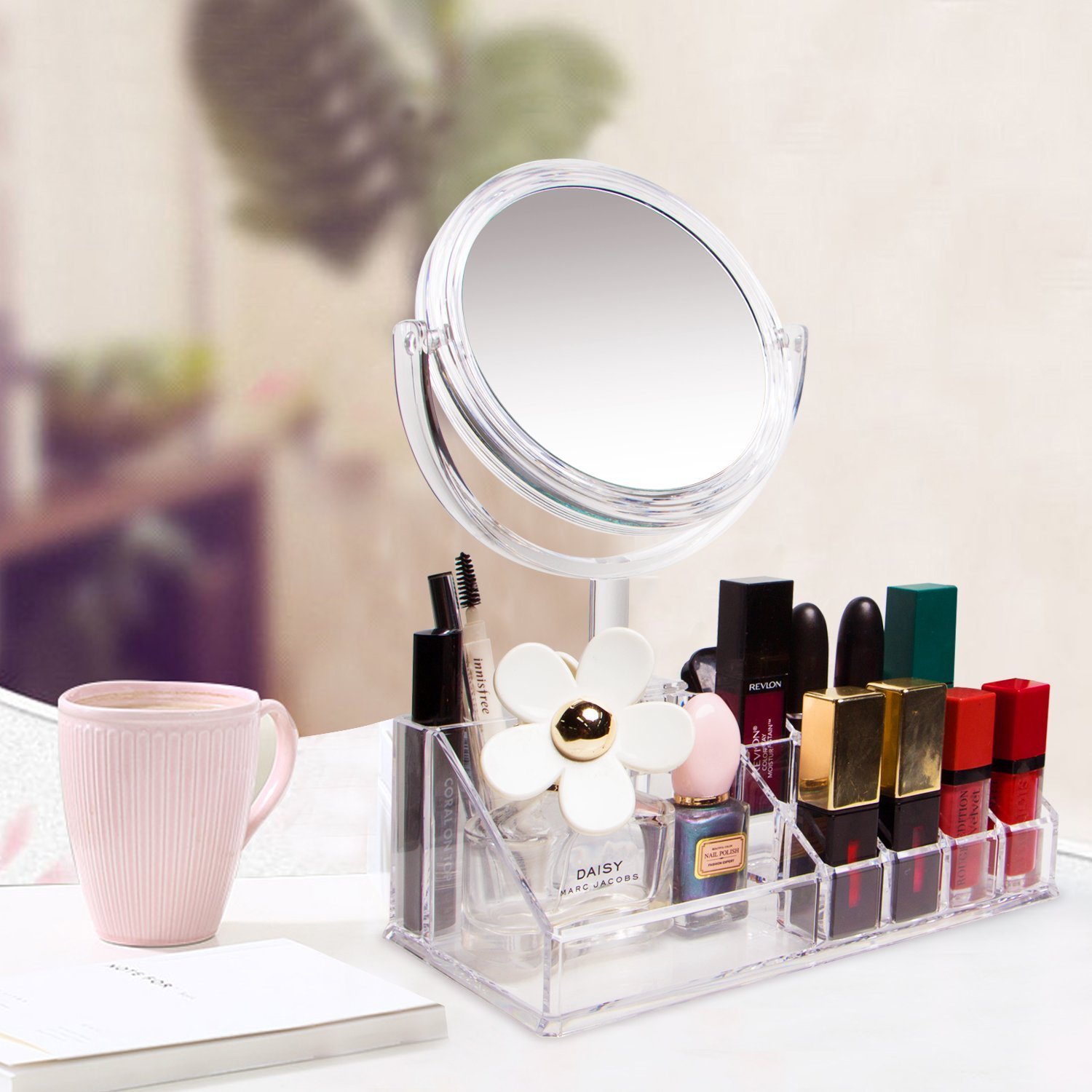 Connectwide Makeup Organizer With 5x Magnifying Mirror Acrylic Vanity Mirror Countertop Cosmetic Organizer Lipsticks Brushes Holder For Bedroom Bathroom Amazon In Home Kitchen