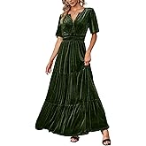 Amegoya Women's Velvet Short Sleeve V Neck Formal Wedding Guest Maxi Dresses Fall Evening Party Long Dresses
