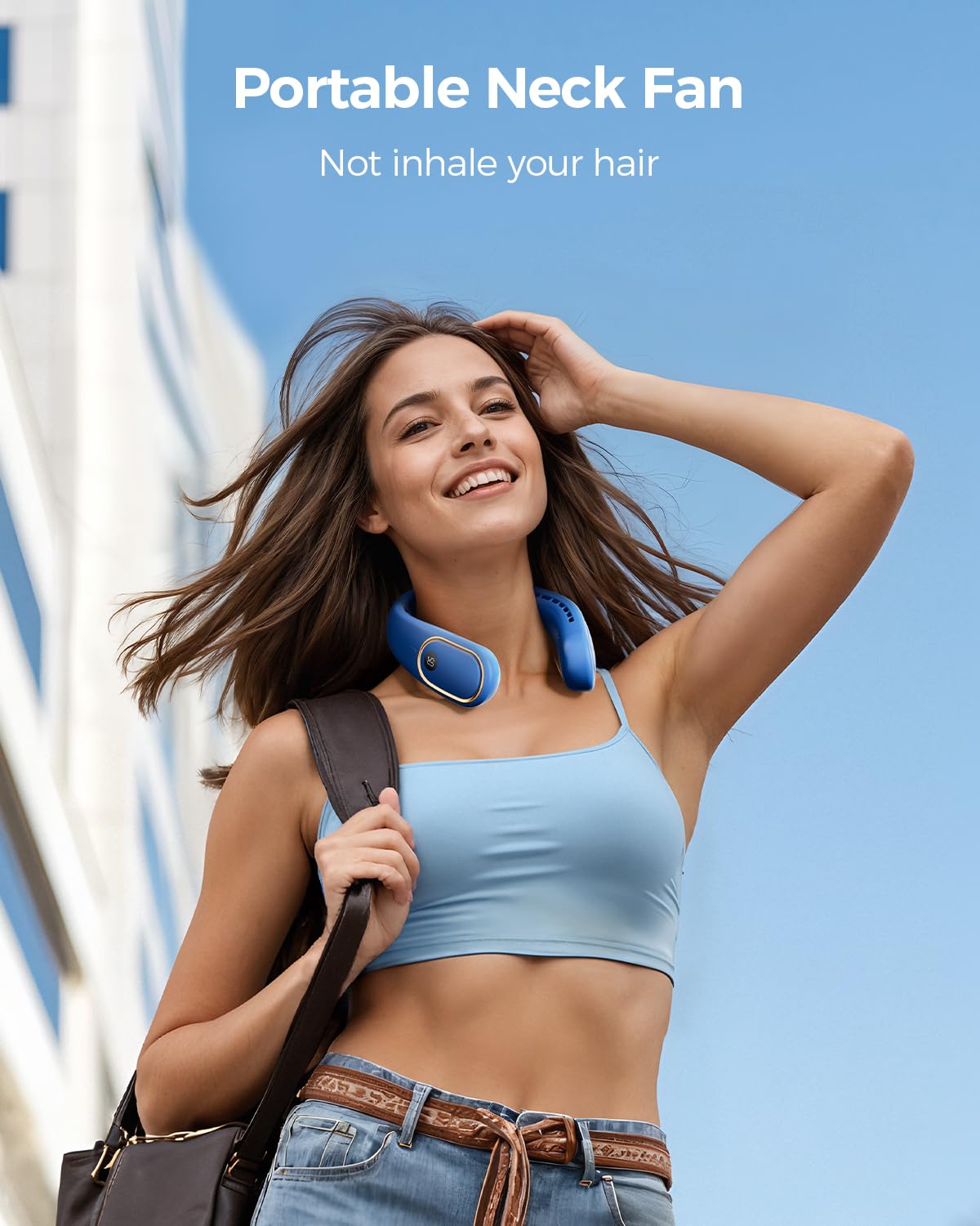 SHEWIND Portable Neck Fan - Hands Free Personal Fan, Rechargeable Bladeless Fan with 5000mAh-Battery, Digital Display, 4 Speeds, Birthday Gifts for Men, Women, Mom, and Dad - Blue