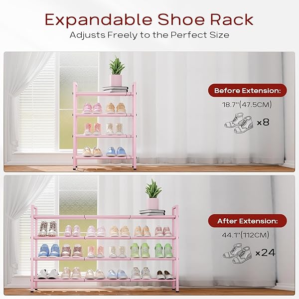 BUMUSTY 4-TIER LONG EXPANDABLE SHOE RACK FOR CLOSET, 18″-44″ ADJUSTABLE SHOE RACK FOR ENTRYWAY, 20-24PAIRS LARGE SHOE ORGANIZER SHELF STORAGE, STURDY METAL, BLACK