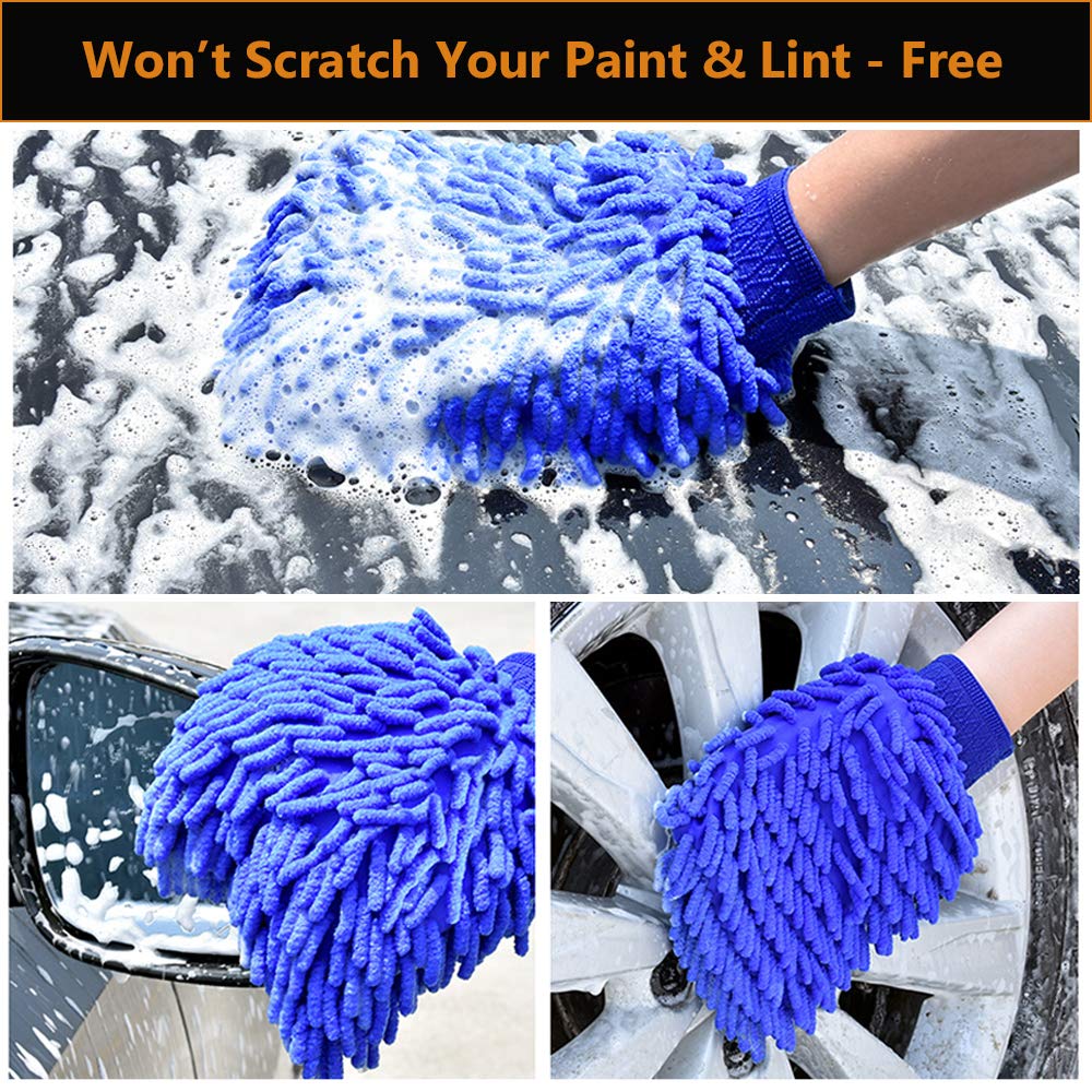 WALTSOM Car Wash Mitt, 2 Pack (Waterproof) Wash Mitt Large Size Chenille Microfiber Car Wash Gloves, Lint Free, Scratch Free, Double Sided, Use Wet or Dry, Blue and Green