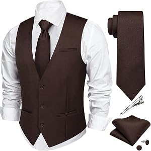 DiBanGu Mens Vest Tie Set 5PCS Formal Dress Waistcoat | Business Vest Men,Solid Color,V-Neck,3 Real Pockets,Slim Fit,Lightwei