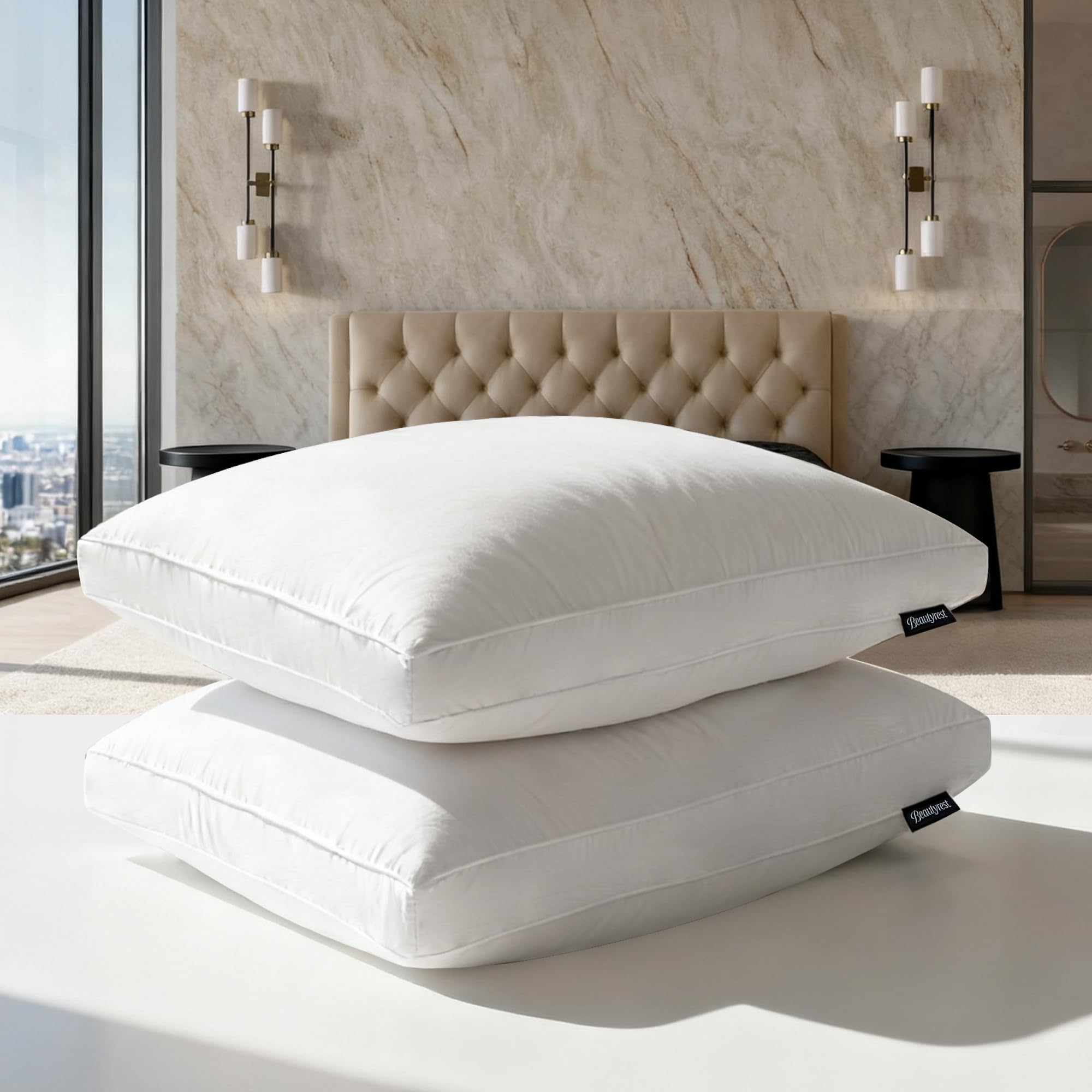 Photo 1 of Beautyrest Goose Feather Down Fiber Gusseted Pillows, Hotel Pillow Luxury Bed Pillows, 100% Cotton Cover, Jumbo Size Set of 2